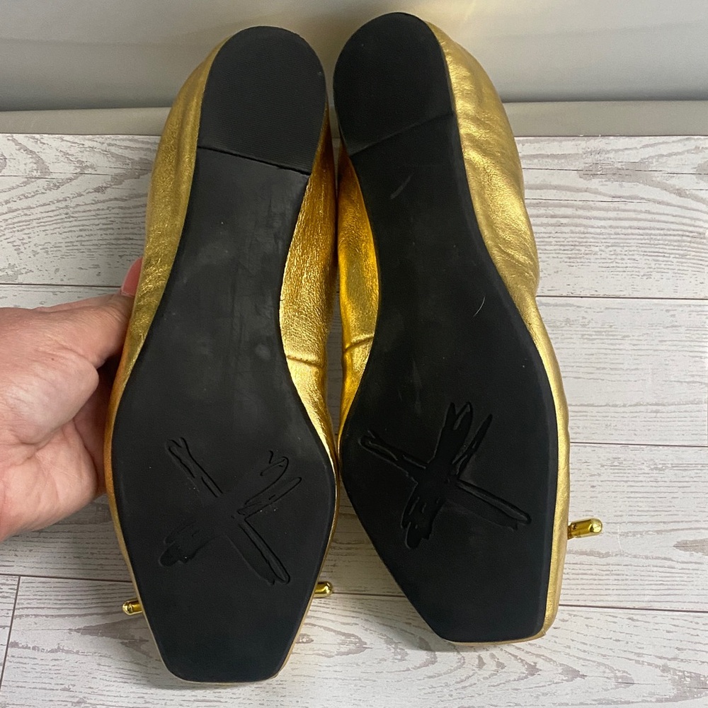 Donald J Pliner Gold Metallic Ballet Flats Women’s 9.5 Leather Bow Square Toe De - Picture 4 of 8